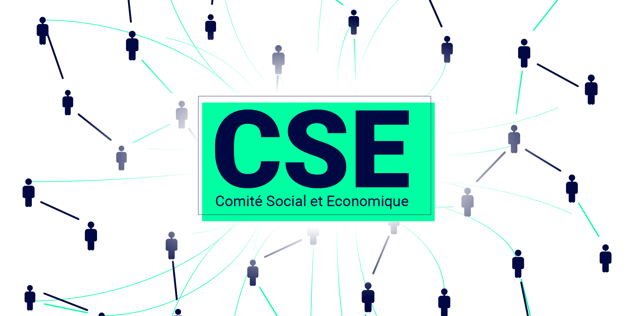 Logo du CSE (Comité Social et Économique) entouré d’icônes humaines connectées, représentant un réseau de salariés.