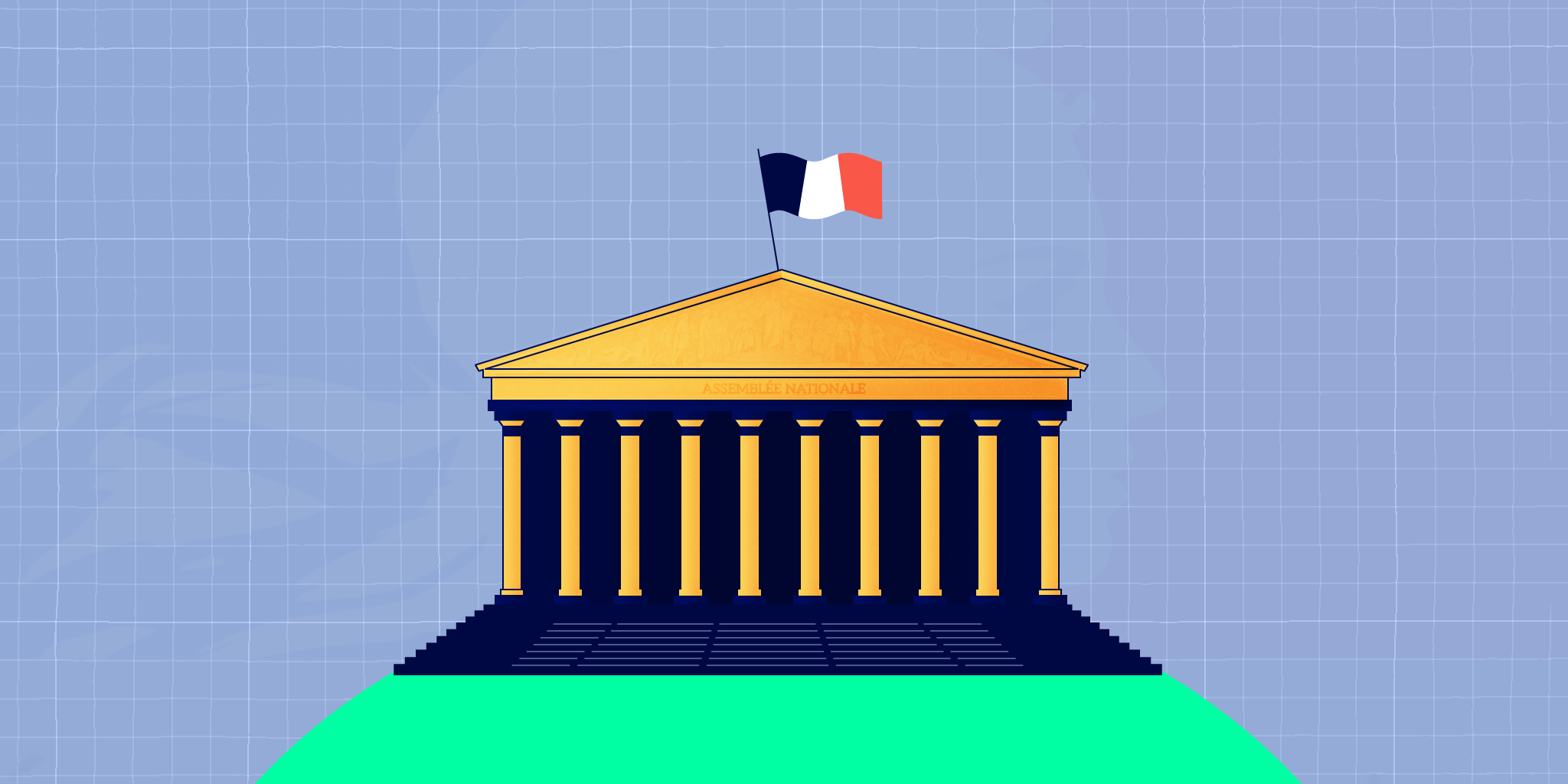 Une illustration d’un bâtiment de style néoclassique avec un drapeau français flottant au-dessus, représentant l'assemblée nationale et donc l'Etat. Il est situé sur une colline verte minimaliste contre un fond bleu clair.