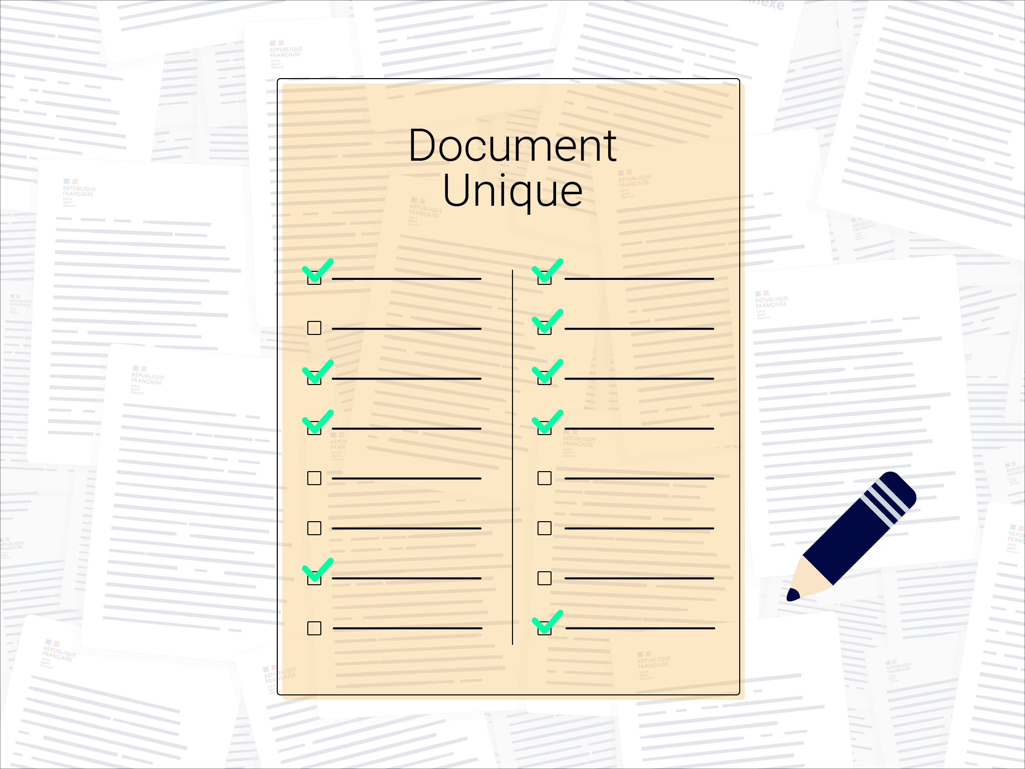 Illustration représentant un Document Unique, constitué d'une liste schématique d'éléments cochés. Un crayon est placé à droite du Document Unique. Le tout est superposé sur un fond contenant de multiples pages de documents textuels, donnant une impression de contexte administratif.