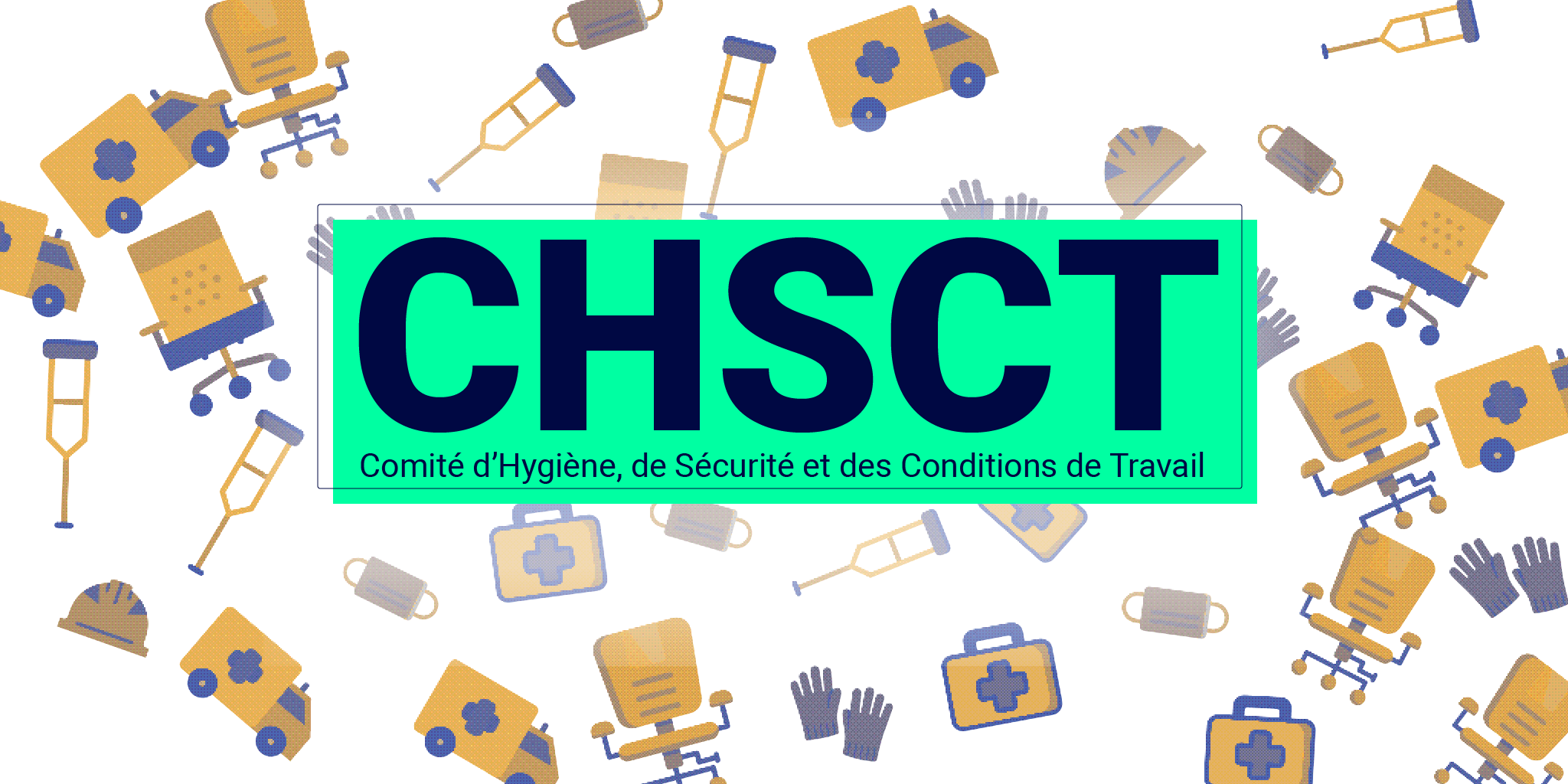 Une illustration représentant le CHSCT (Comité d’Hygiène, de Sécurité et des Conditions de Travail) entouré de diverses icônes liées à la santé et à la sécurité.