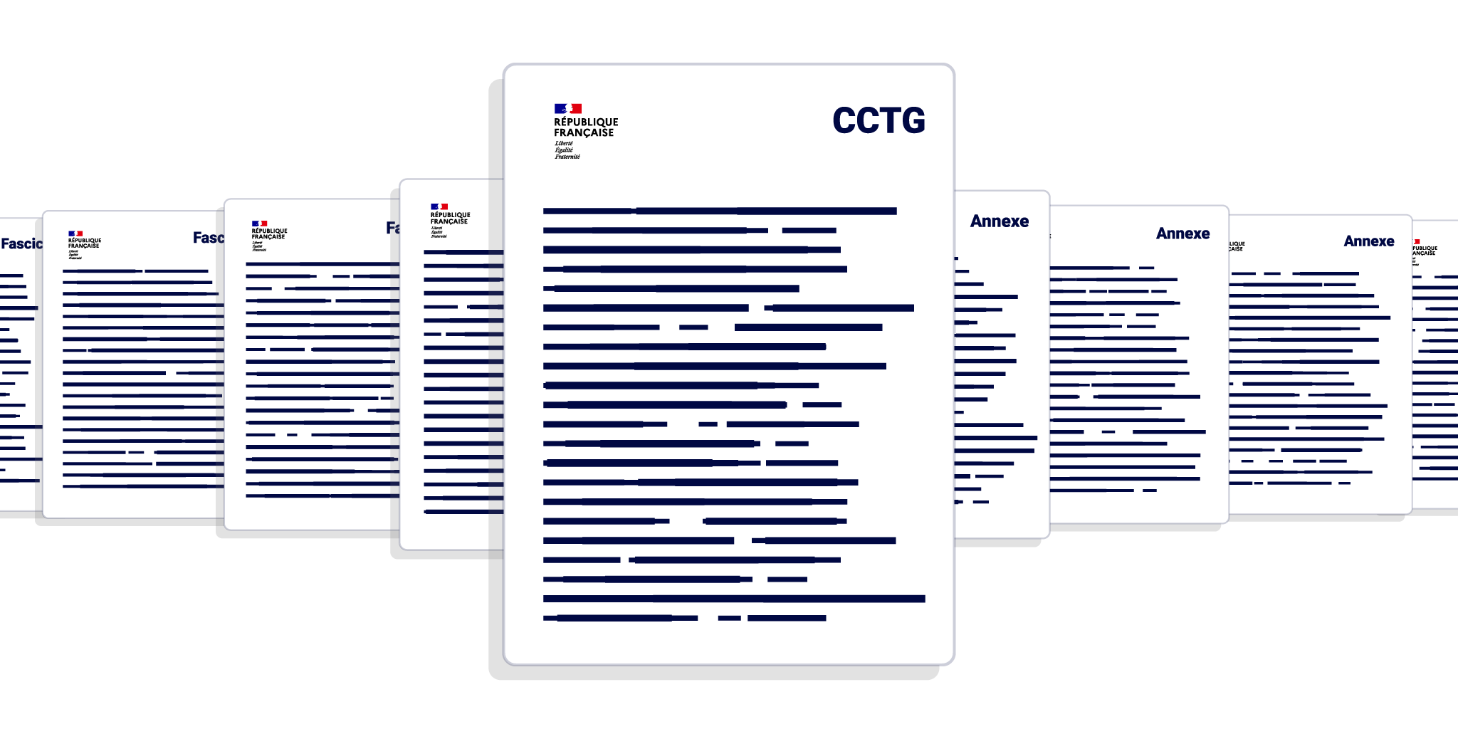 Illustration schématique d'une série de documents intitulés “CCTG Cahier des chartes techniques générales”. Le document central affiche de manière proéminente “CCTG” en haut. Trois documents de chaque côté du document central sont étiquetés soit “Fascicule”, soit “Annexe”. Tous les documents contiennent de multiples lignes horizontales bleues représentant du texte.
