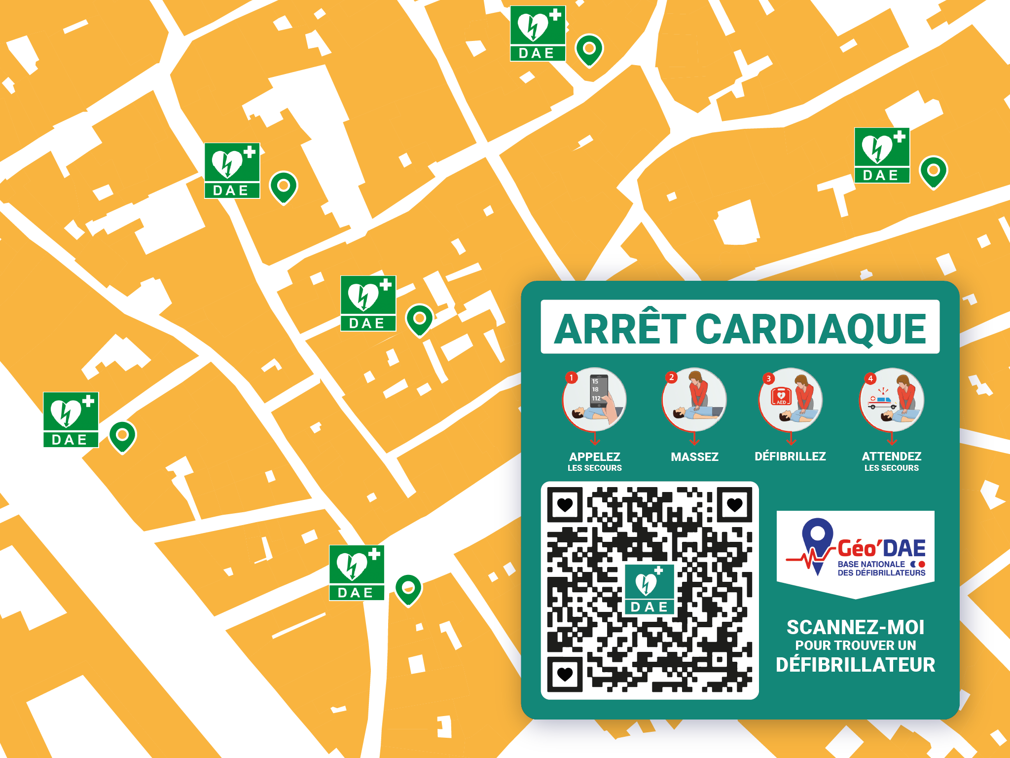 Une carte illustrant l’emplacement des DAE (défibrillateurs automatisés externes) avec plusieurs marqueurs. Sur le côté droit, un panneau d’information intitulé ‘ARRÊT CARDIAQUE’ donne des instructions sur l’appel des secours, le massage cardiaque, la défibrillation et l’attente des secours. Un code QR au milieu invite à le scanner pour trouver un défibrillateur.