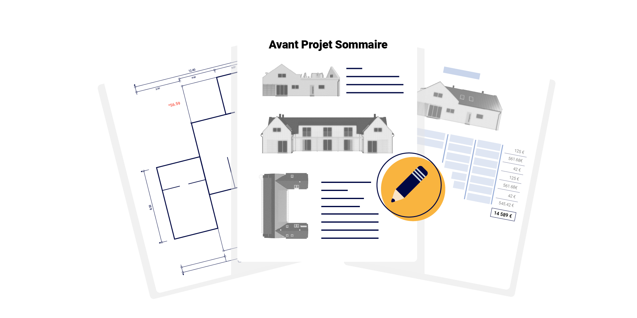 Représentation schématique de l'avant projet sommaire, APS, montrant des plans architecturaux, des dessins de maison et un crayon dans un cercle jaune, symbolisant la phase de conception préliminaire d’un projet de construction.