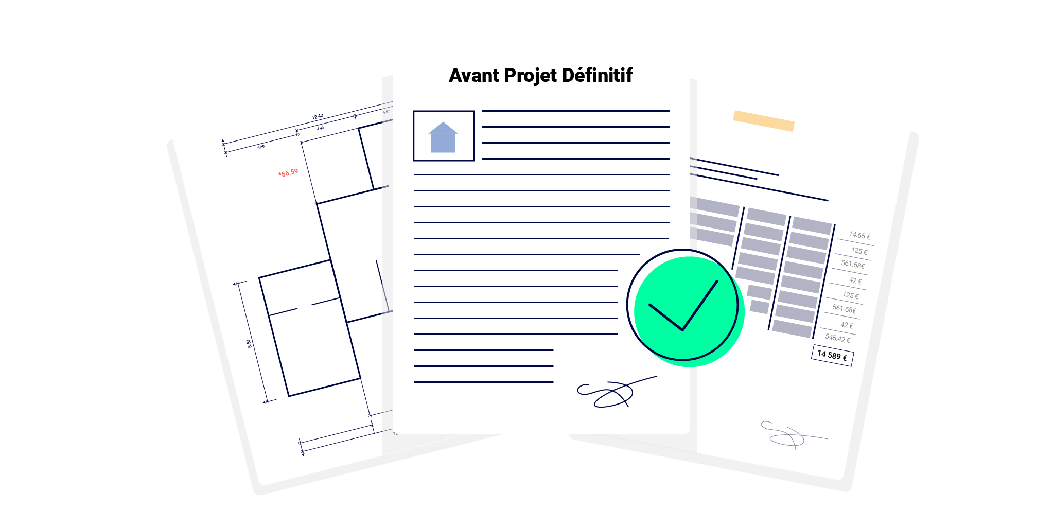 Représentation schématique de l'avant projet définitif, APD, avec un ensemble de documents relatifs à la planification et à la conception architecturale. (plans, devis, etc.) Ces documents sont validés avec une coche de validation verte.