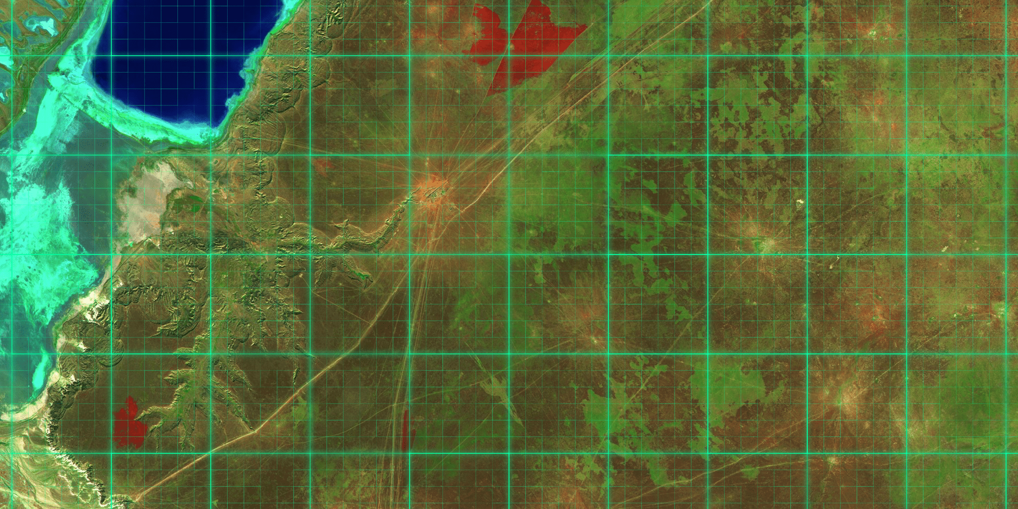 Une vue aérienne ou satellite d’un paysage, avec des lignes de grille et des zones marquées superposées pour signifier les techniques d'ortho-imagerie. Le paysage montre divers terrains, y compris des plans d’eau et des terres plus vertes.