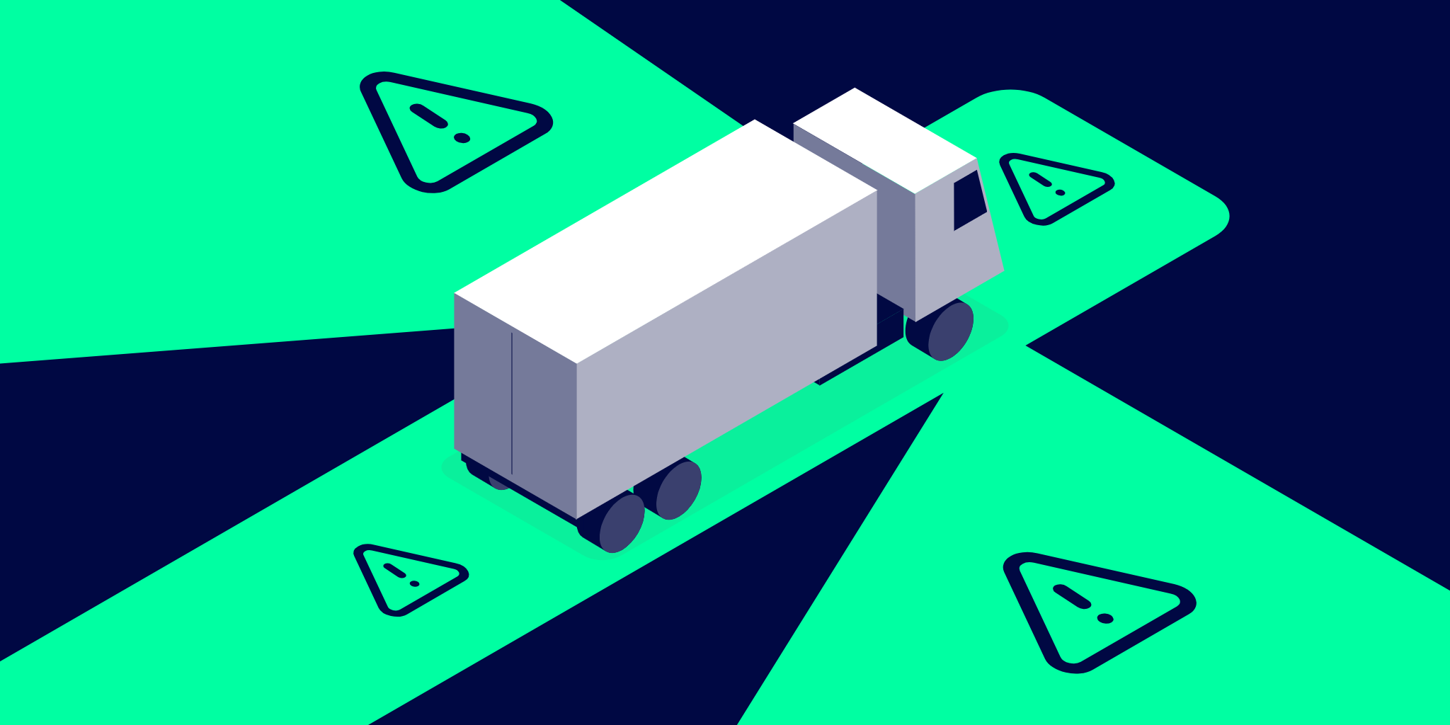 Illustration minimaliste d'un camion gris, positionné sur un arrière-plan bleu foncé. Sur le devant, les côtés et l'arrière du camion sont délimitées en vert vif les zones de masquages du véhicule. Elles sont ornées d'un picto "attention" triangulaire.