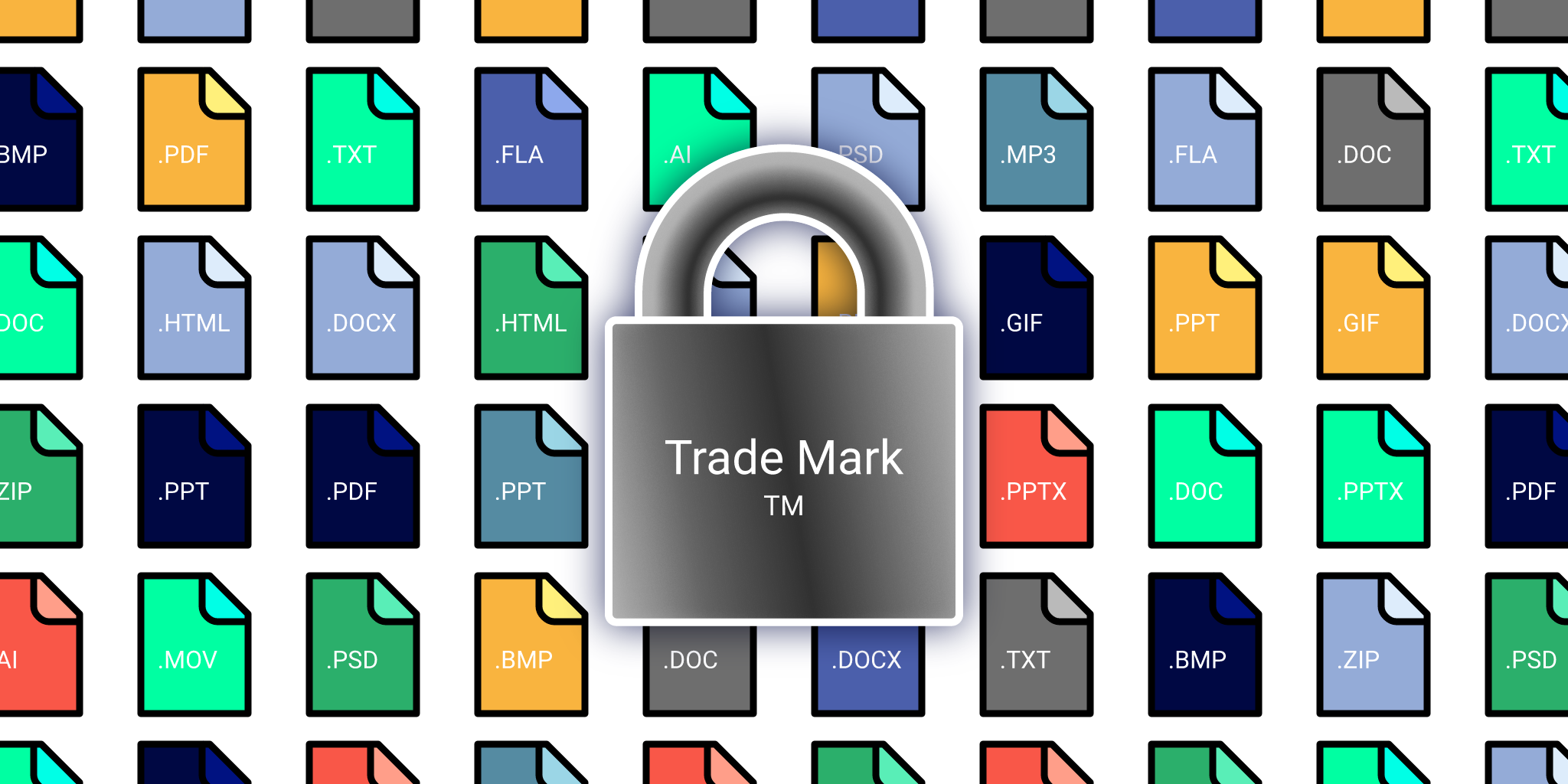 Illustration représentant divers formats de fichiers, y compris MOV, PPT, DOCX, PSD (Adobe Photoshop), et d’autres, disposées en motif sur un fond blanc. Un verrou fermé se positionne au centre de l'image. Le texte "Trade Mark TM" est inscrit dessus.