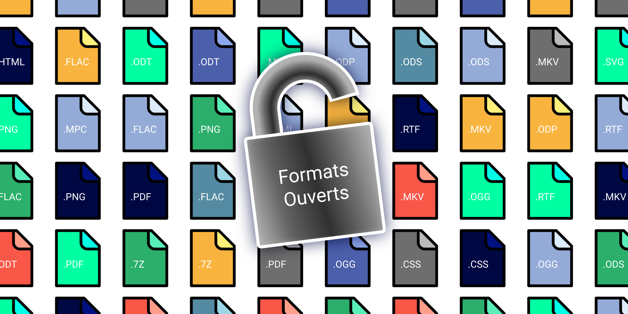 Illustration représentant divers formats de fichiers ouverts, y compris FLAC, ODT, CSS, MKV, et d’autres, disposées en motif sur un fond blanc. Un verrou ouvert se positionne au centre de l'image. Le texte "formats ouverts" est inscrit dessus.