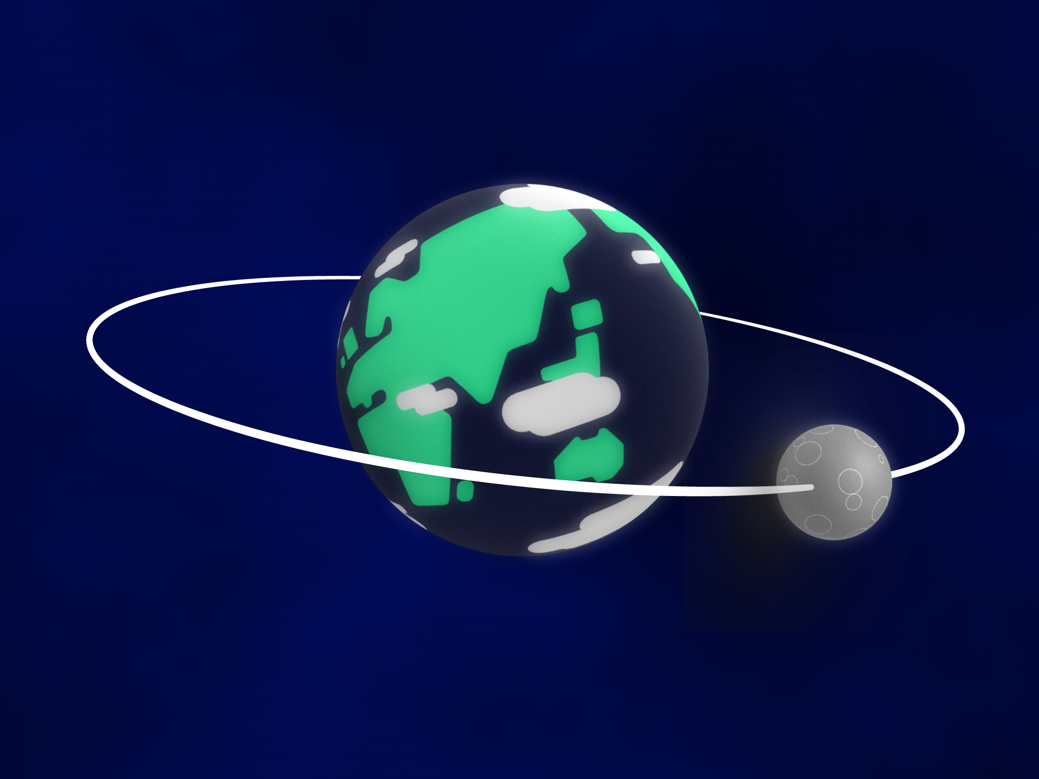 Représentation stylisée d’une orbite d'une lune autour d'une planète. La planète a des continents verts et des océans sombres, ressemblant à la Terre mais avec un design abstrait. Un anneau blanc représente l’orbite de la lune autour de la planète. La lune est grise avec des cratères visibles, indiquant une surface rocheuse similaire à celle de la lune de la Terre.